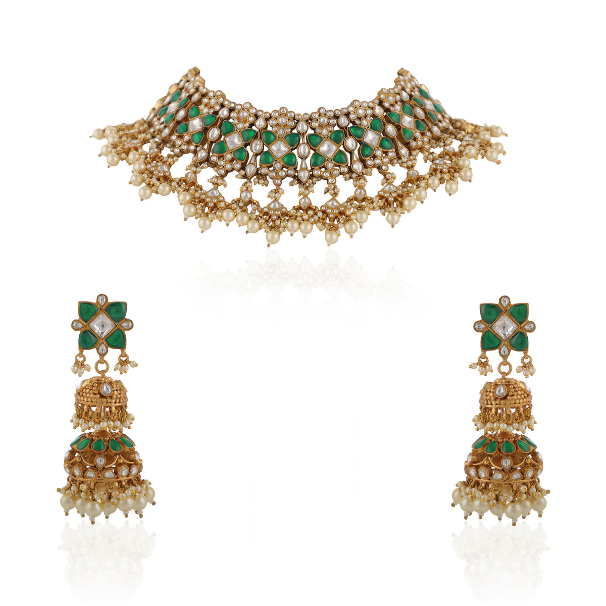 Indian Handcrafted Green And White Traditional Wear Jadtar Necklace Set