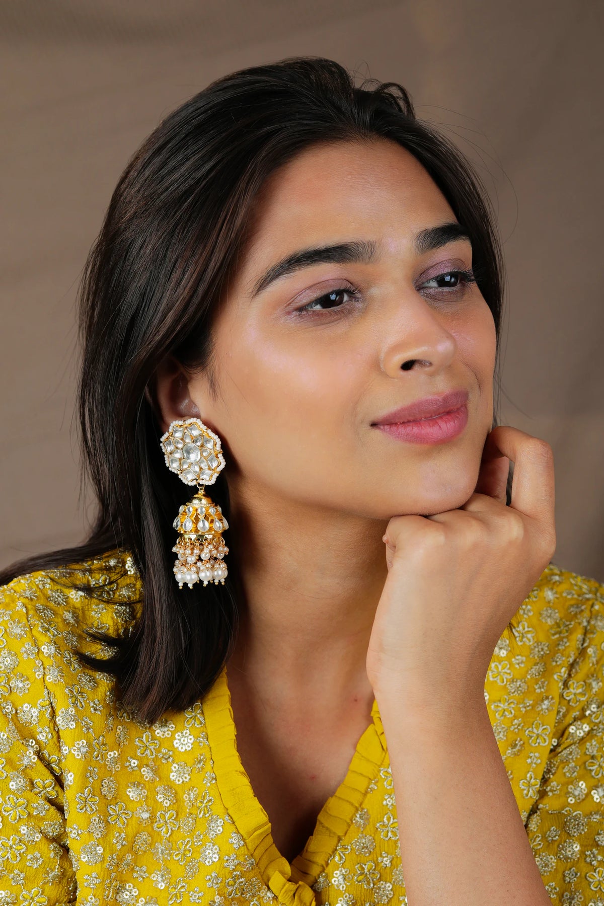 WHITE FLORAL INDIAN TRADITIONAL WEAR BRIDE SPECIAL DOUBLE LAYERED NECKLACE WITH JHUMKI