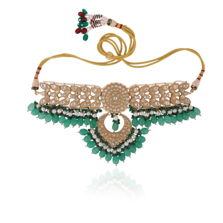 2026 Indian Wedding  Wear Sea Green Beads With White Jadtar Stone Necklace Set