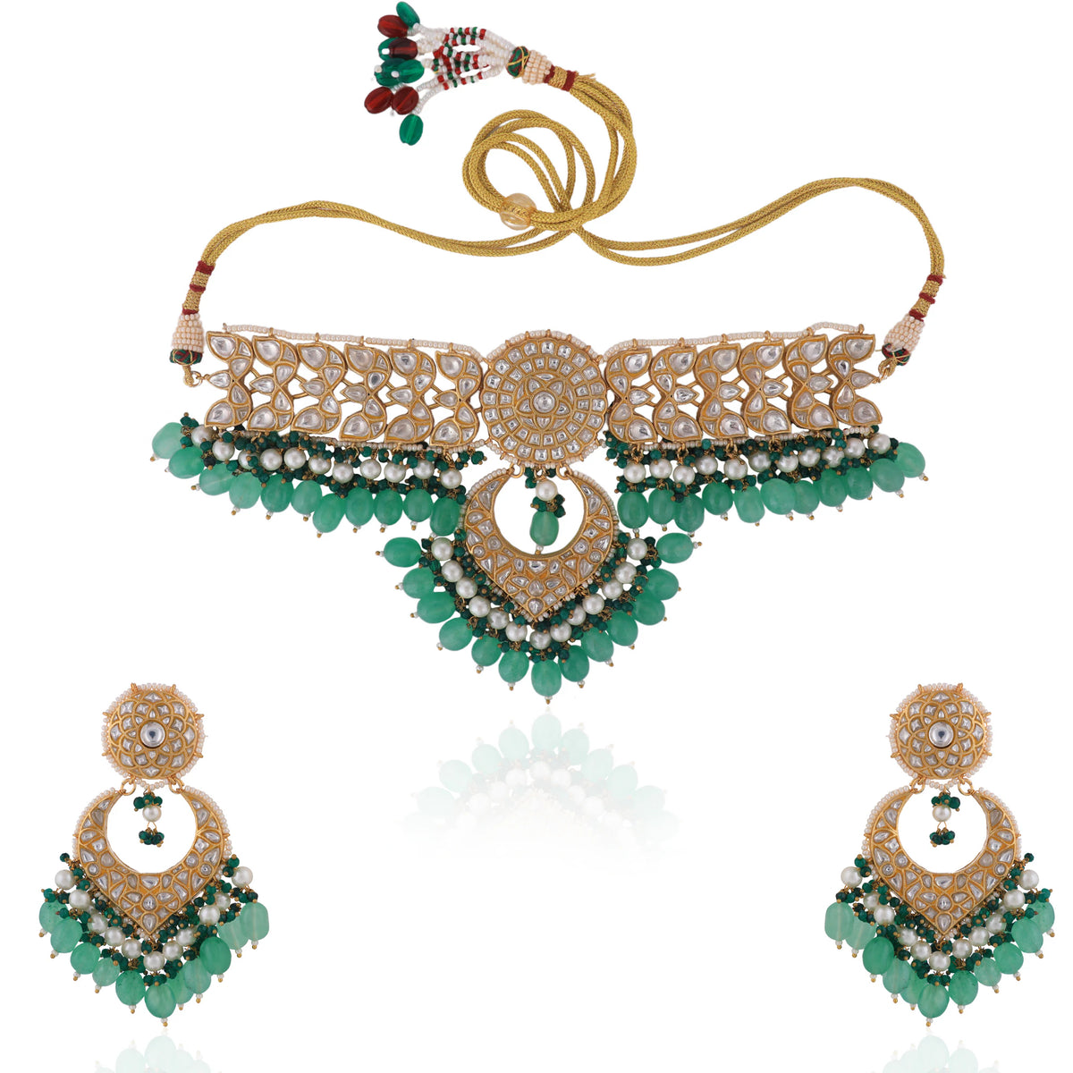 2026 Indian Wedding  Wear Sea Green Beads With White Jadtar Stone Necklace Set