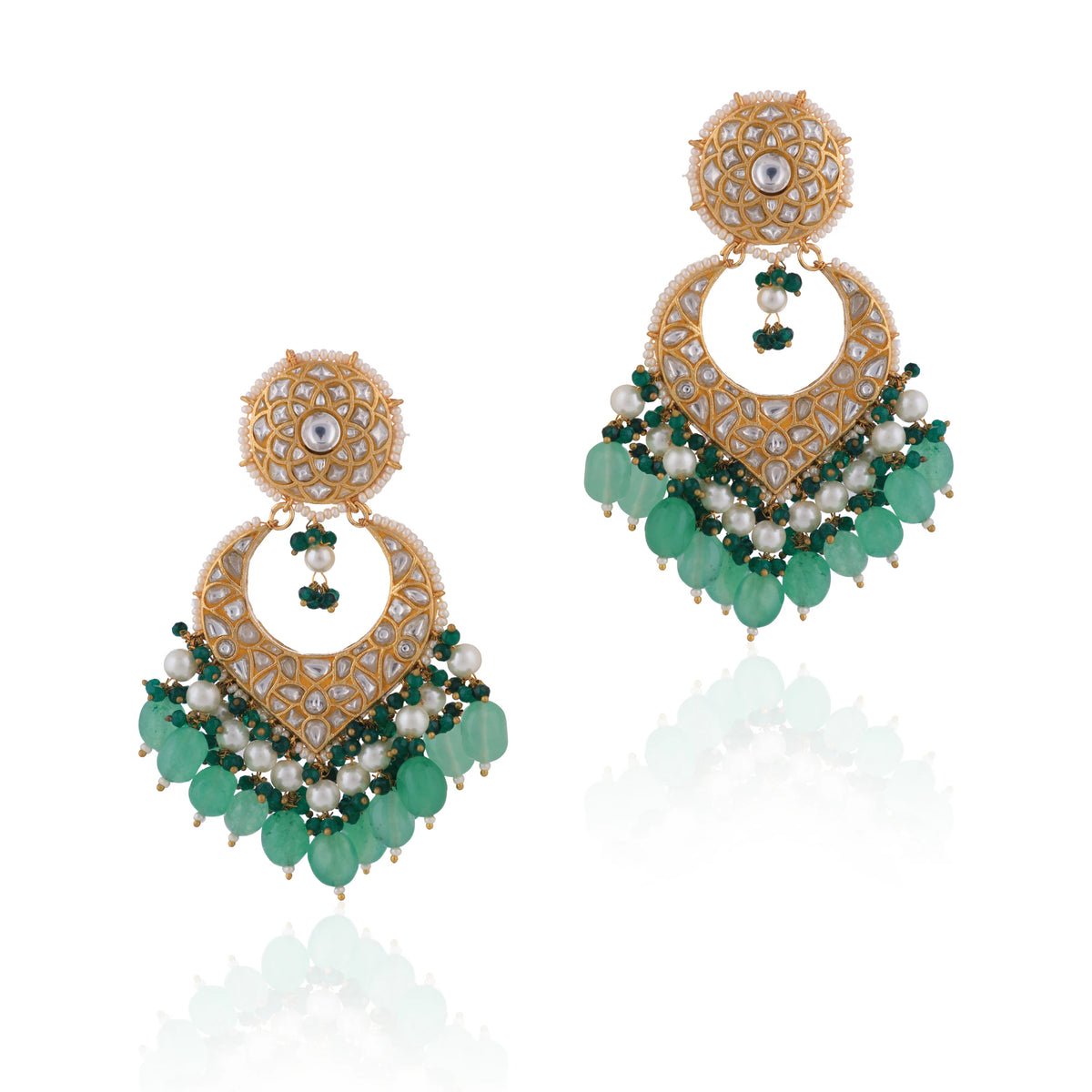 2026 Indian Wedding  Wear Sea Green Beads With White Jadtar Stone Necklace Set