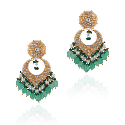 2026 Indian Wedding  Wear Sea Green Beads With White Jadtar Stone Necklace Set