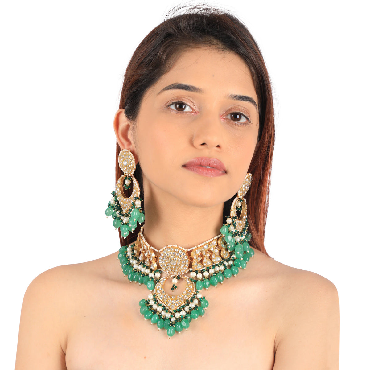 2026 Indian Wedding  Wear Sea Green Beads With White Jadtar Stone Necklace Set