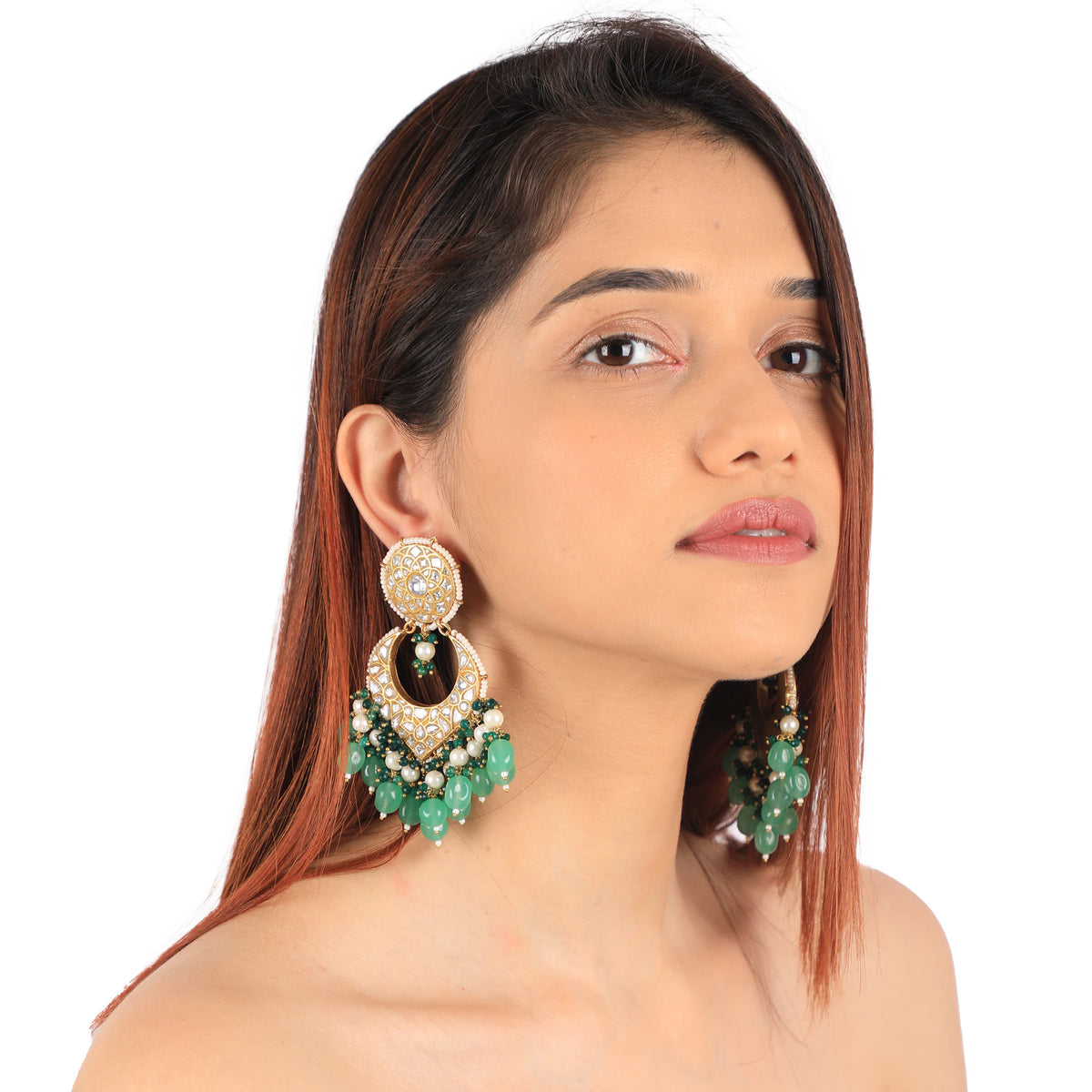 2026 Indian Wedding  Wear Sea Green Beads With White Jadtar Stone Necklace Set