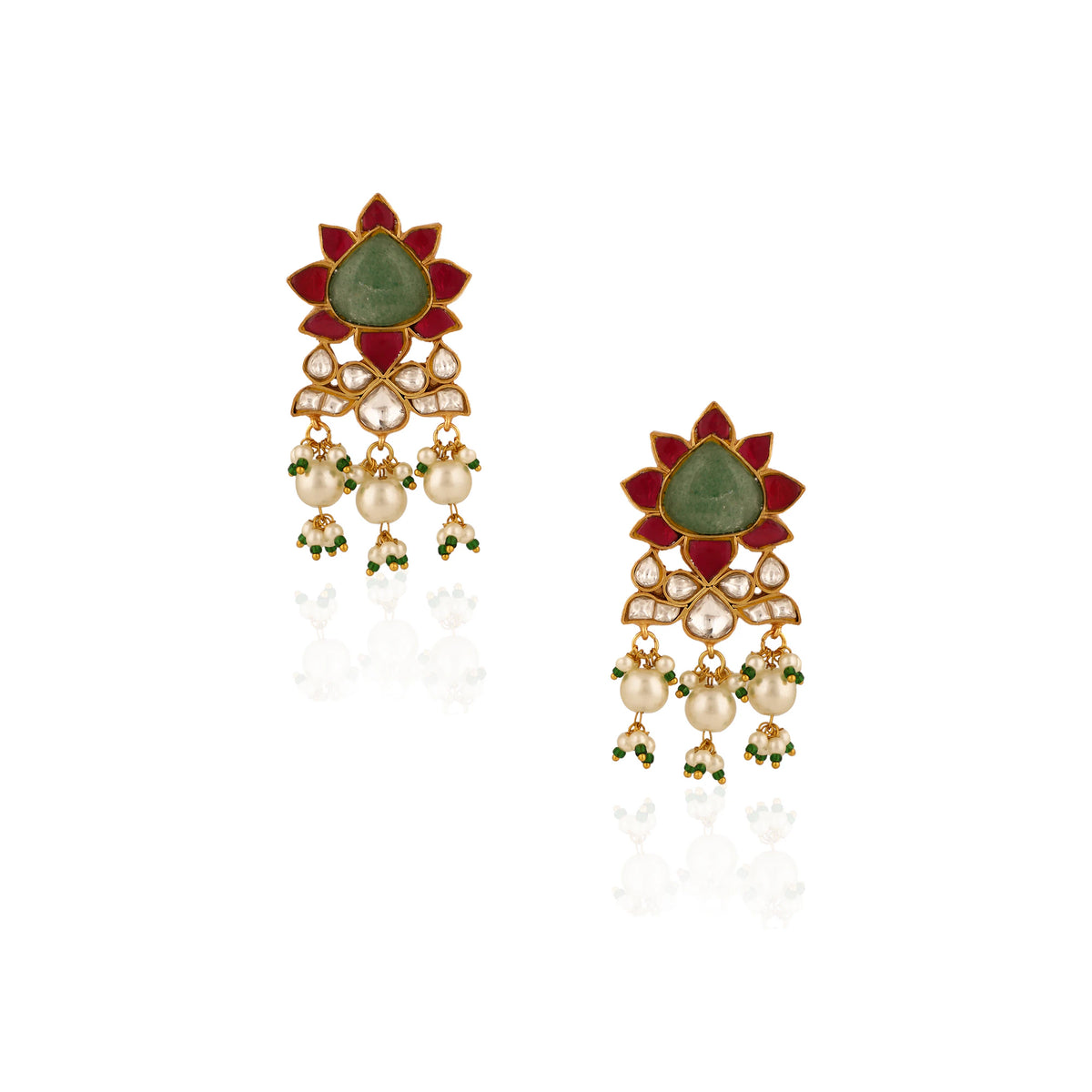 Gold Finish Pink & Green Jadau Choker Set With White Pearl