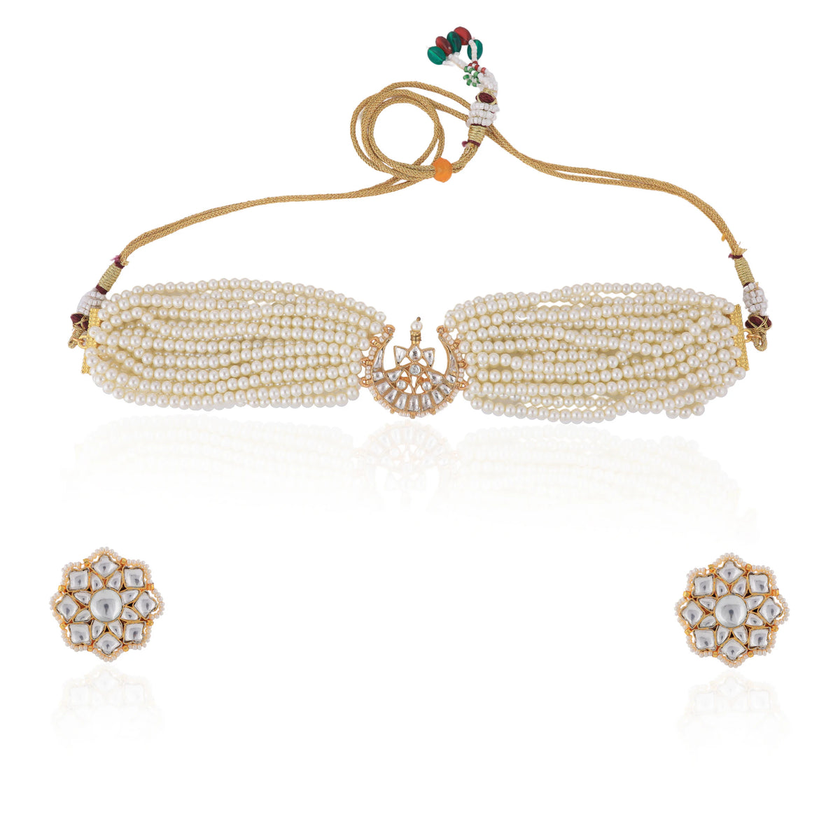 Half Moon White Pearl Jadtar Choker With Floral Studs
