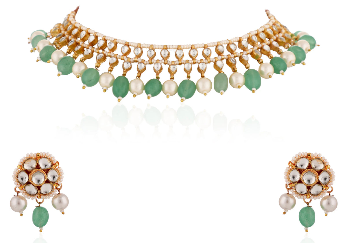 Indian Traditional Wear Sea Green Beads With White Pearl Choker Set