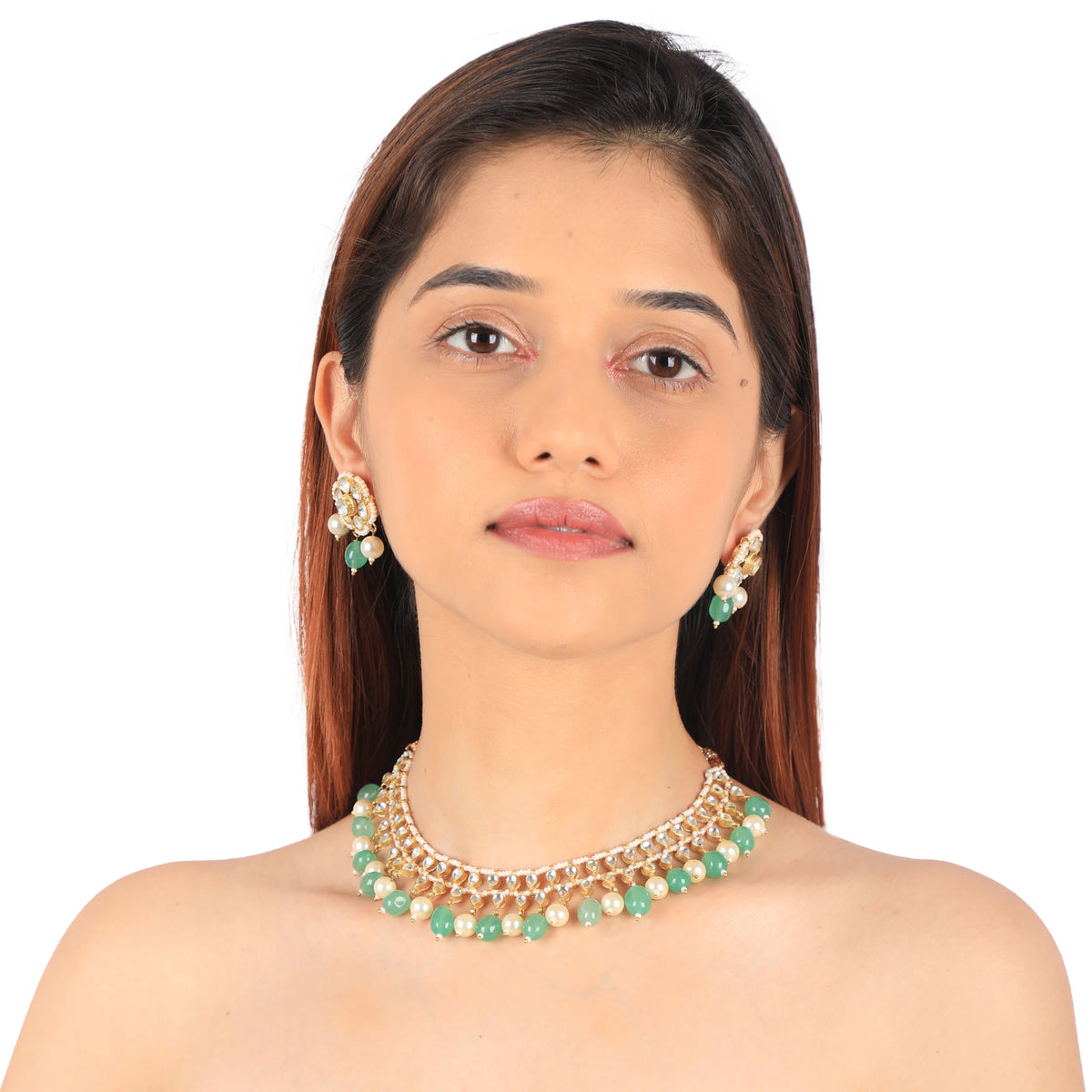 Indian Traditional Wear Sea Green Beads With White Pearl Choker Set