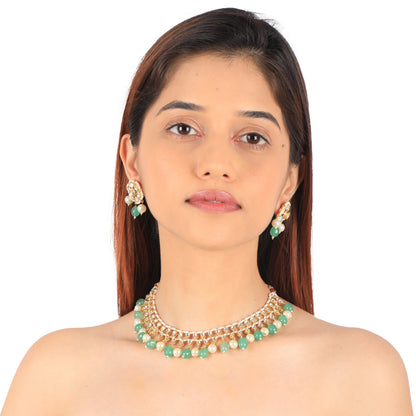 Indian Traditional Wear Sea Green Beads With White Pearl Choker Set