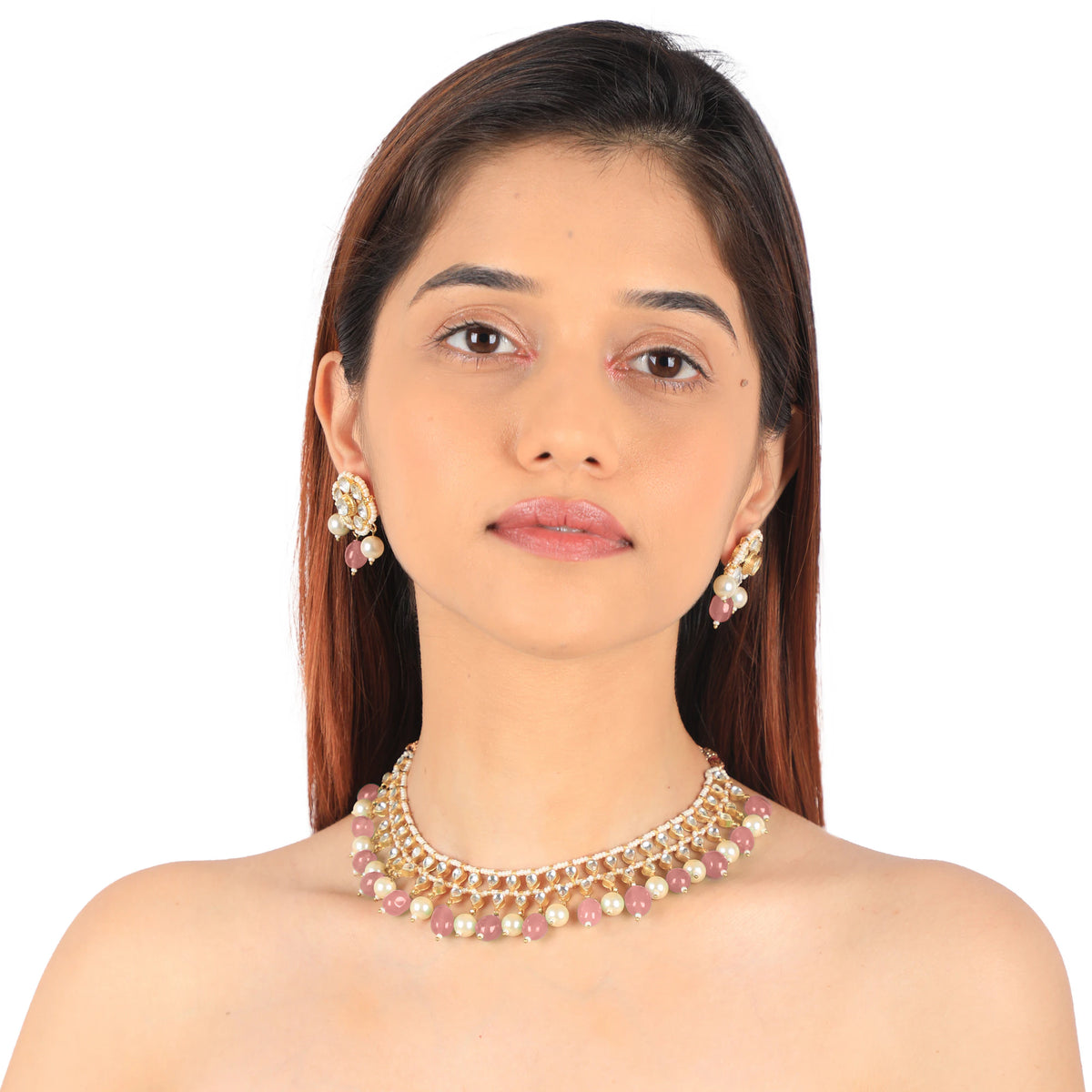 Pastel Pink Beads With White Pearl Jadtar Stone Choker Set