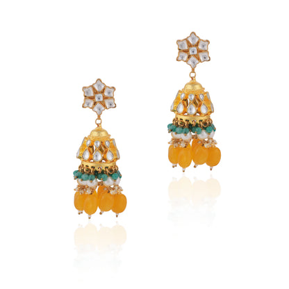 Yellow Beads With Sea Green Hangings White Jadtar Necklace Set /Mehendi Wear/Sangeet Wear Jewellery