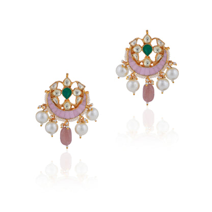 White Beaded Choker With Light Pink Stone Earrings