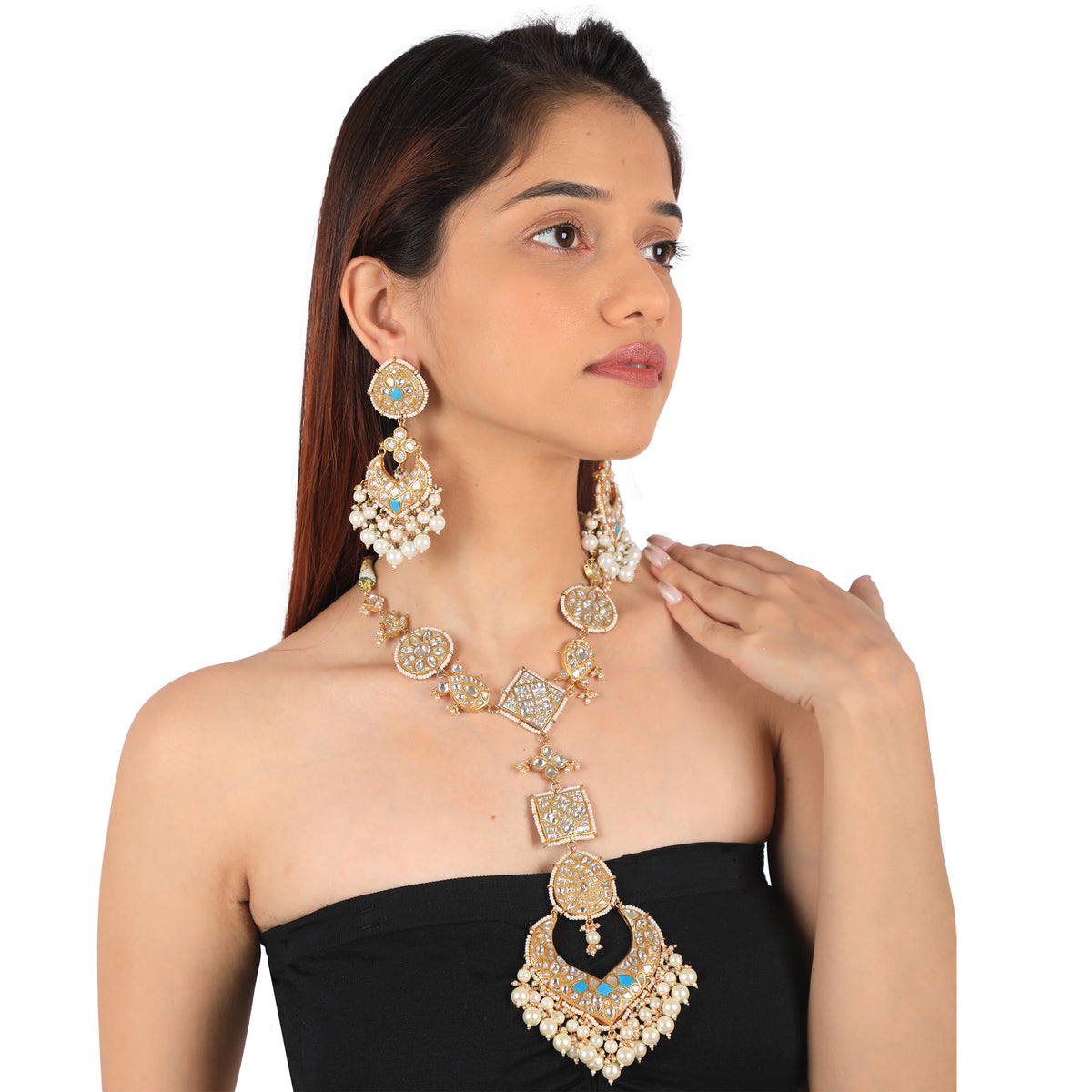 Sky Blue & White Gold Plated Jadtar Long Necklace With Stunnning Earring With White Pearl