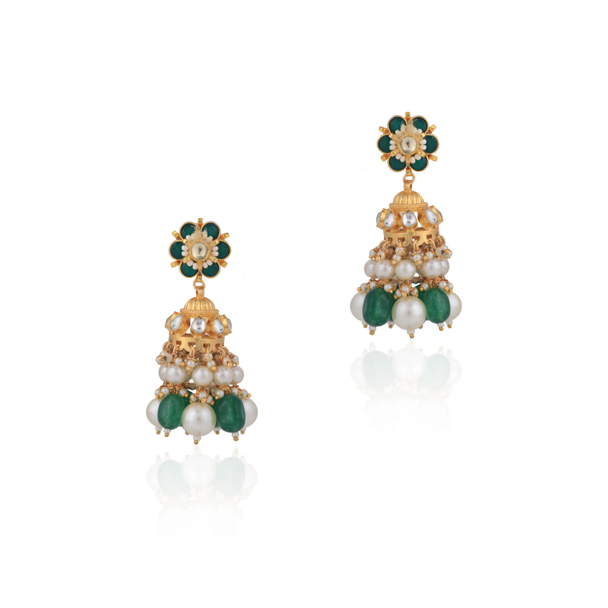 Gold Finish Green Emerald Beads With White Pearl Choker With Floral Design Jhumka