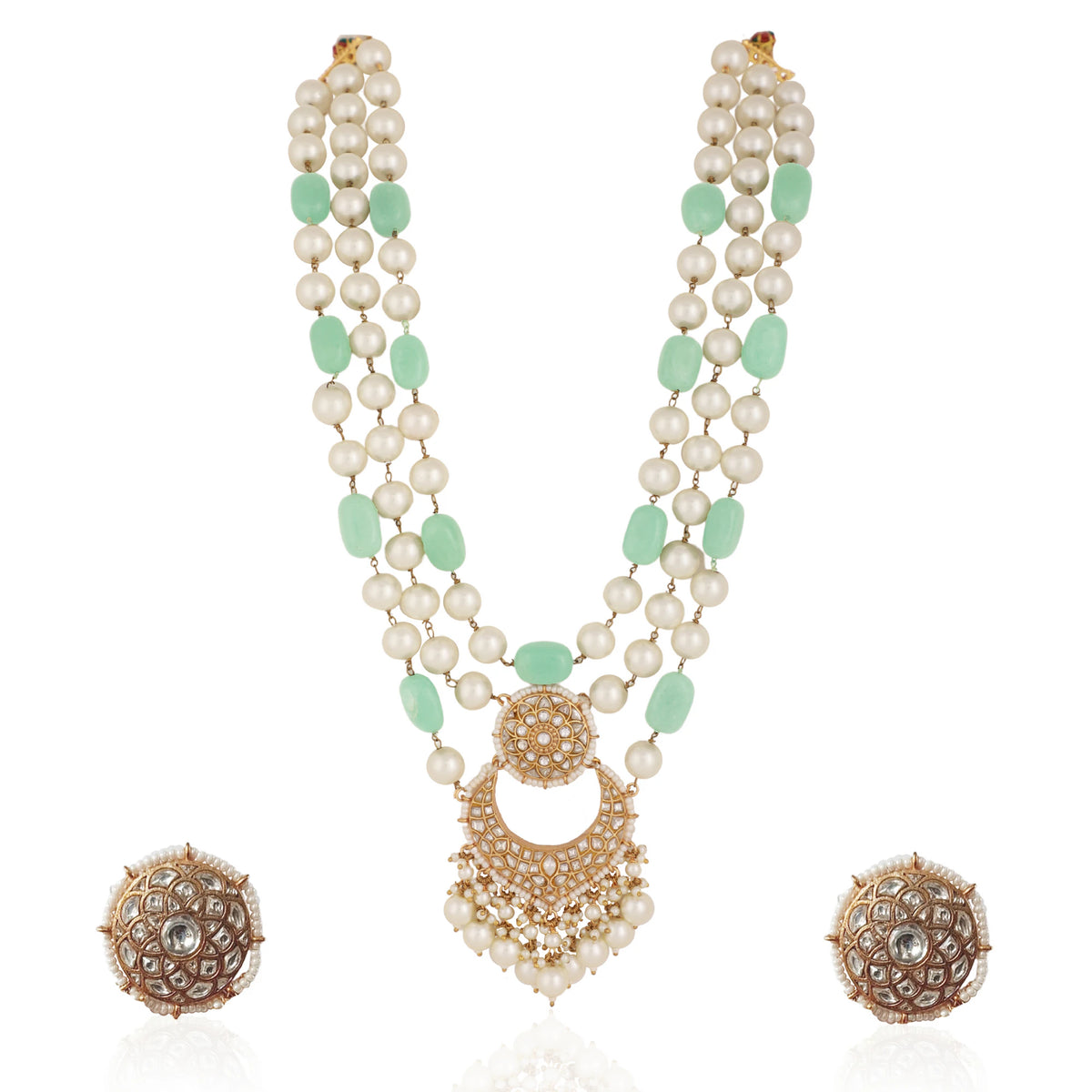 Emerald Sea Green With White Pearl Three Layered Necklace Set