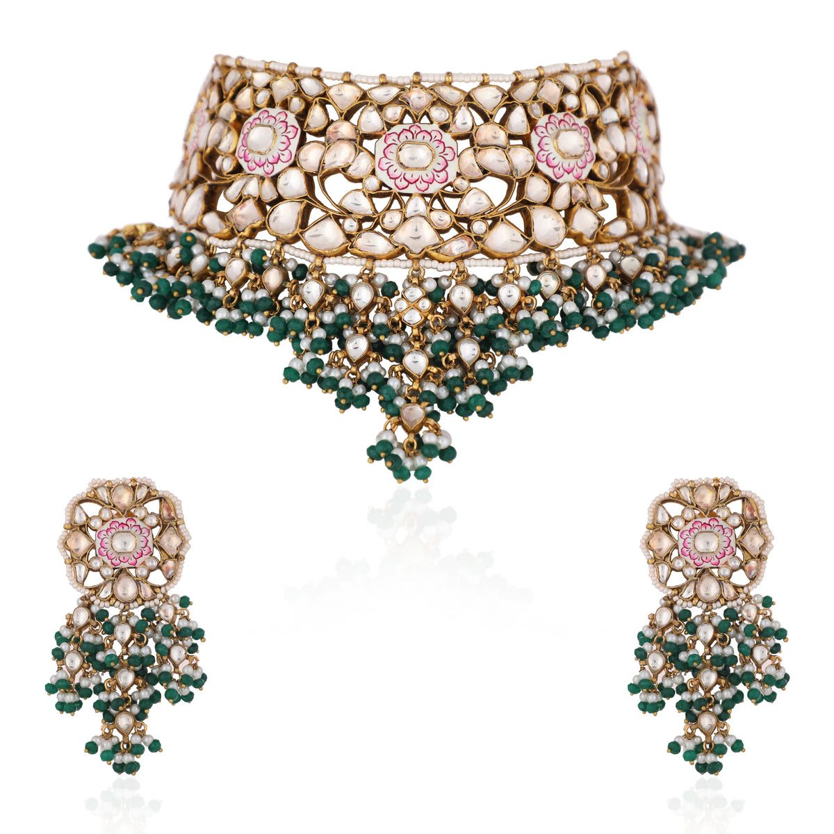 Pink Meenakari Necklace With Green Hangings Wedding Wear Necklace Set
