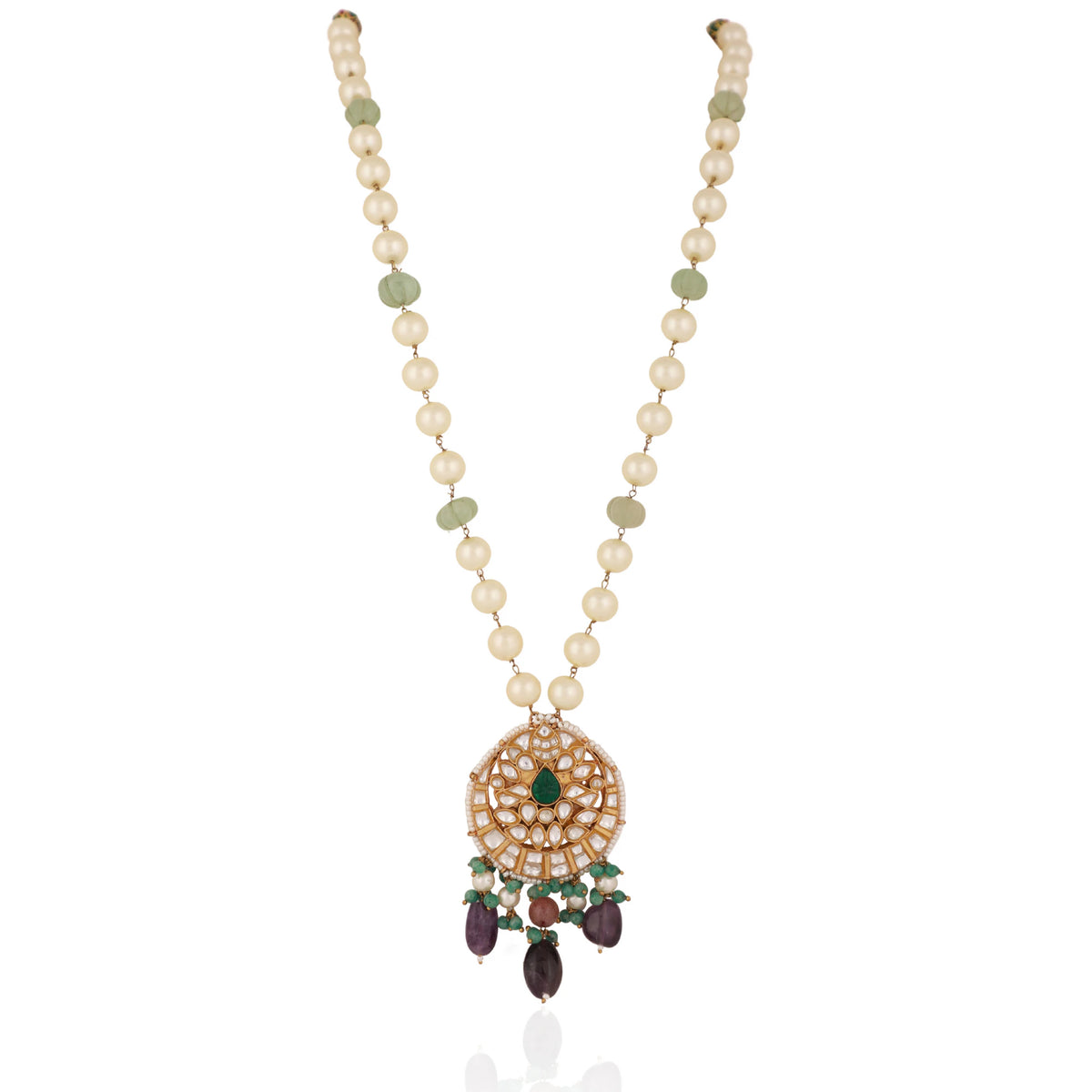 Purple & Sea Green Long Necklace Set With Emerald Beads
