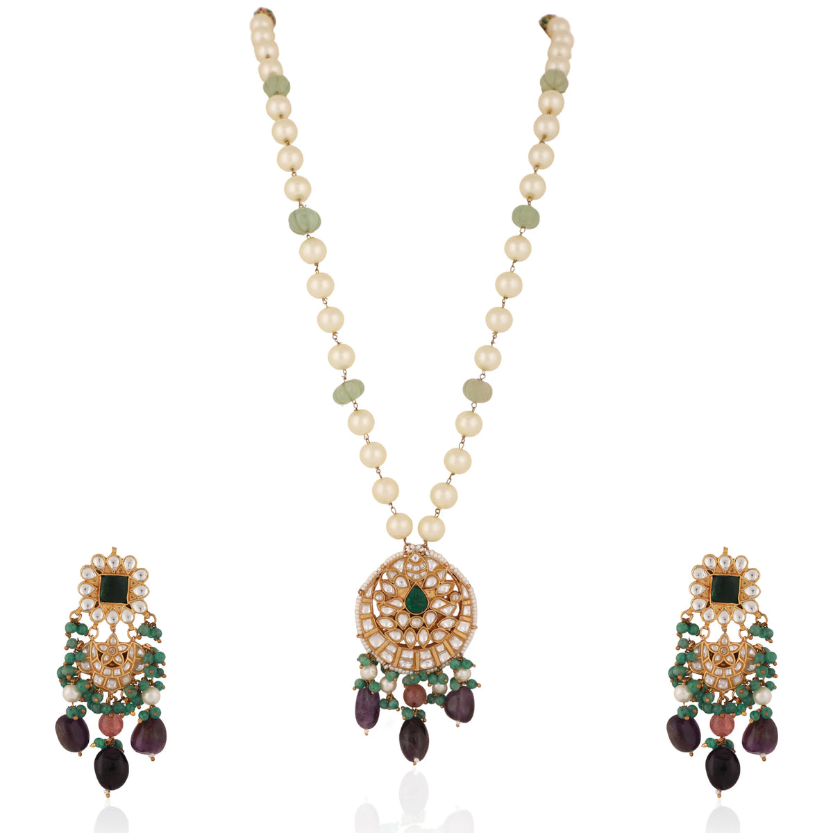 Purple & Sea Green Long Necklace Set With Emerald Beads