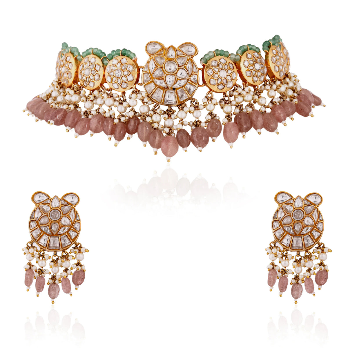 Fushion gold plated jadau necklace set with intricate design in pastel beads