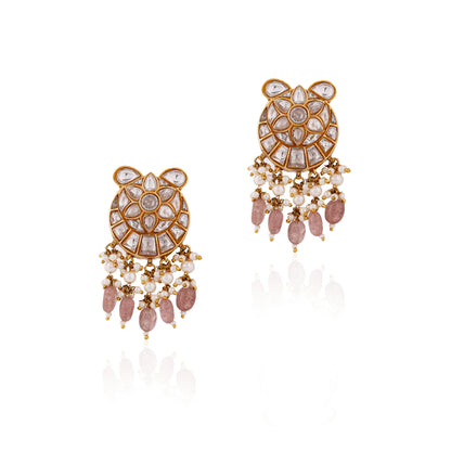 Fushion gold plated jadau necklace set with intricate design in pastel beads