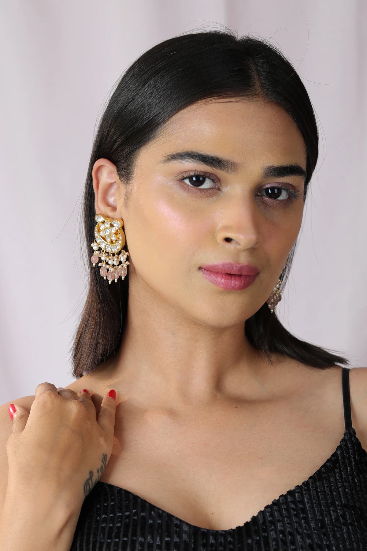 Fushion gold plated jadau necklace set with intricate design in pastel beads