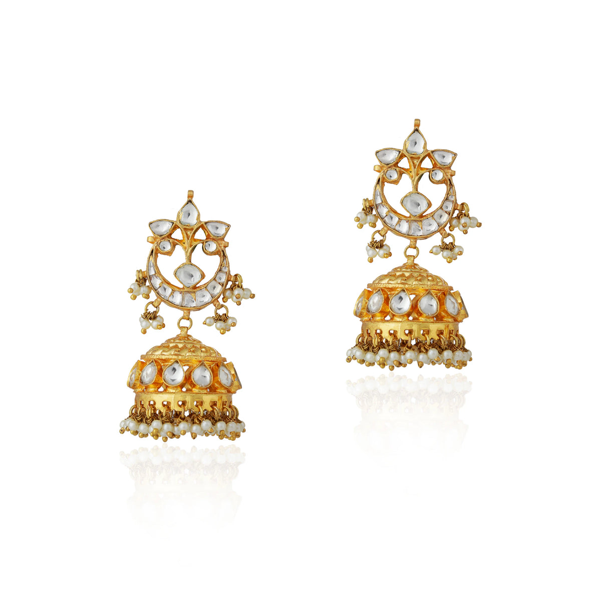 Indian jadtar white necklace with Chand shape drops and jhumki earings