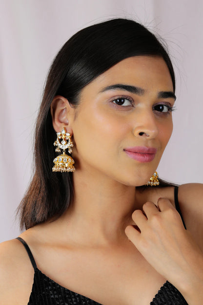 Indian jadtar white necklace with Chand shape drops and jhumki earings