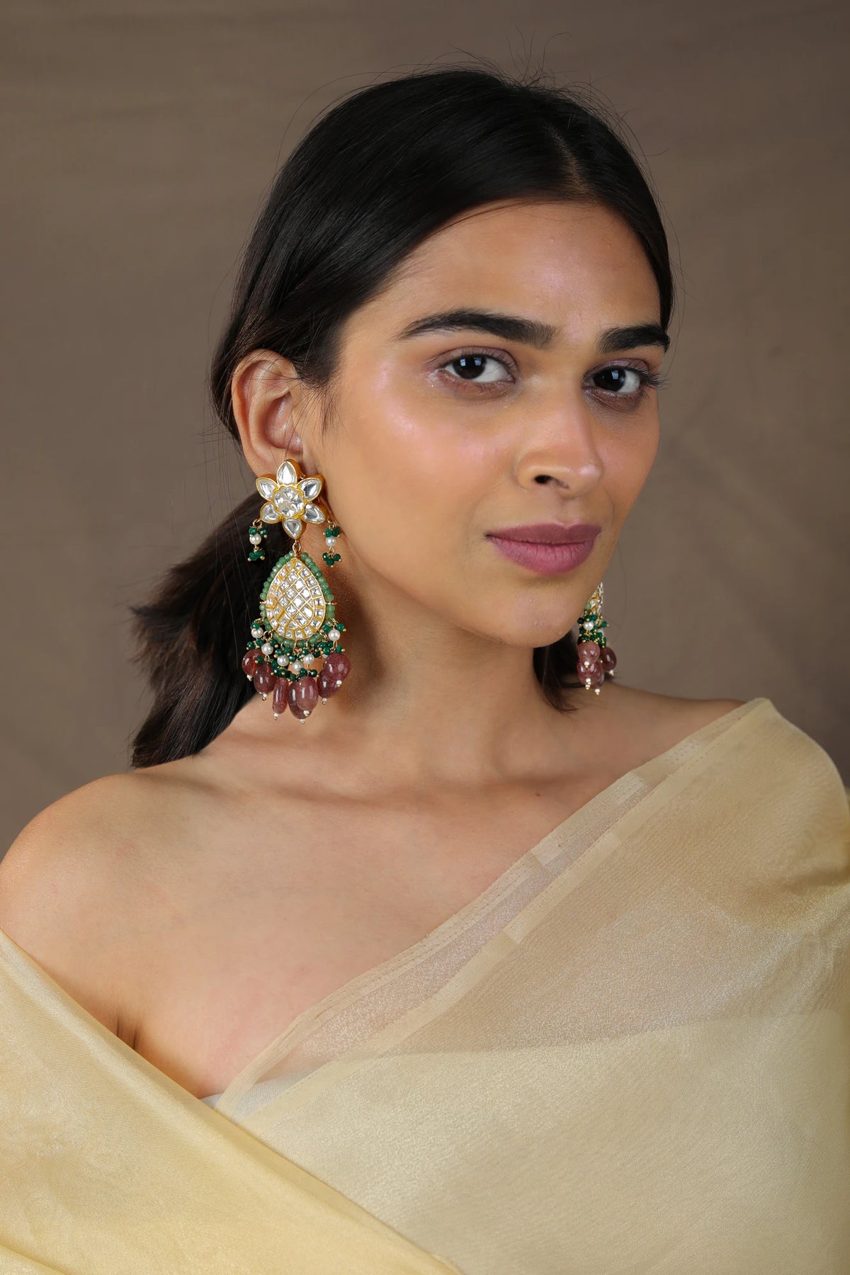 Indian wedding wear bridal heavy double layered necklace set with mozanite stones and pastel beads
