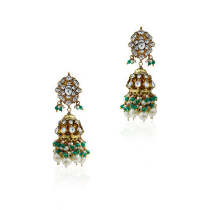 Gold finish elegant jadau green choker with jhumkas