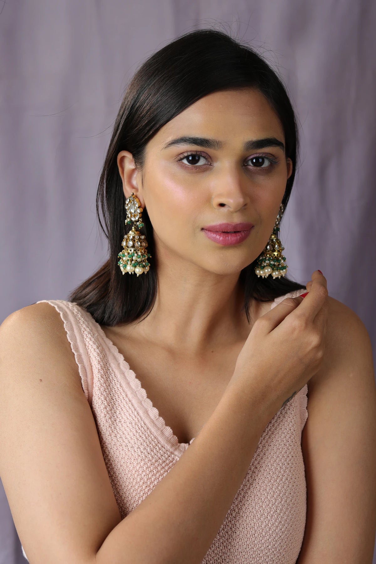 Gold finish elegant jadau green choker with jhumkas