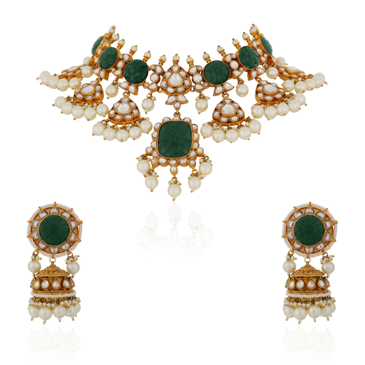 Indian handcrafted green necklace set with mozanite and carved stones