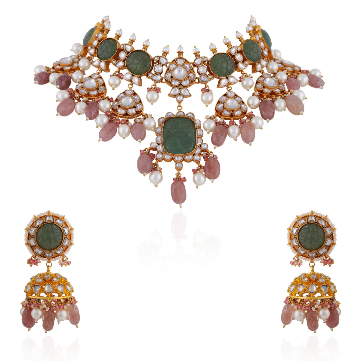 Mehendi green carved stone necklace set with pastel pink beaded necklace and jhumki