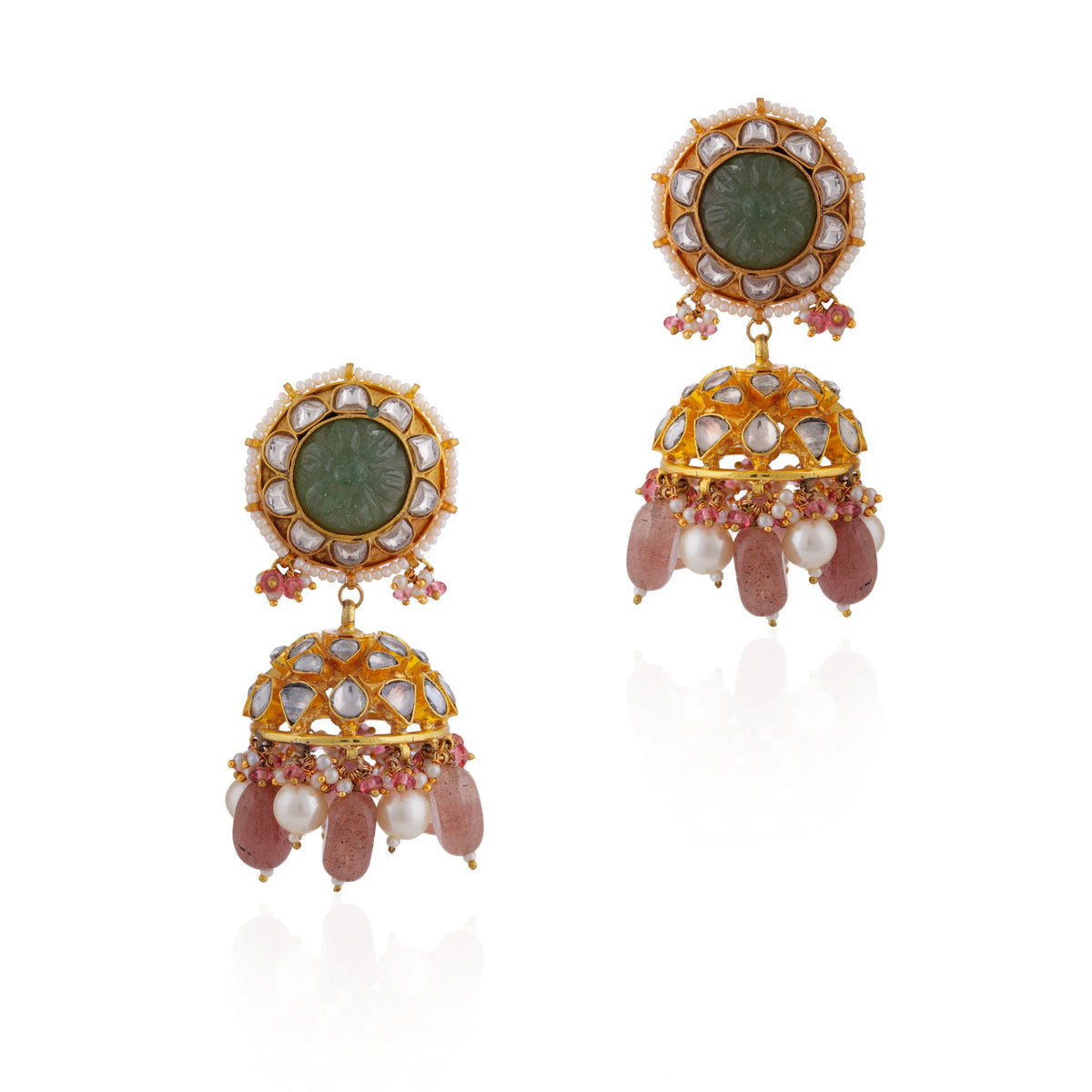 Mehendi green carved stone necklace set with pastel pink beaded necklace and jhumki