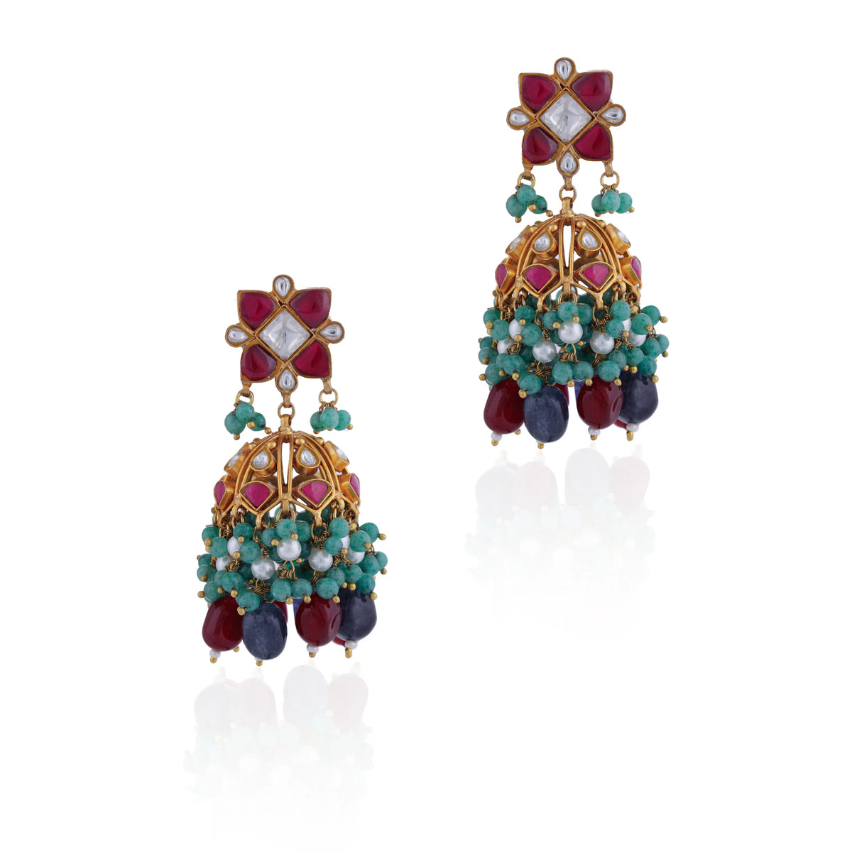 Pink stone necklace set with blue beads and jhumki