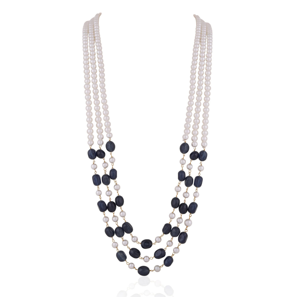Blue and white 3 layered sapphire gemstone Beaded Necklace Maala