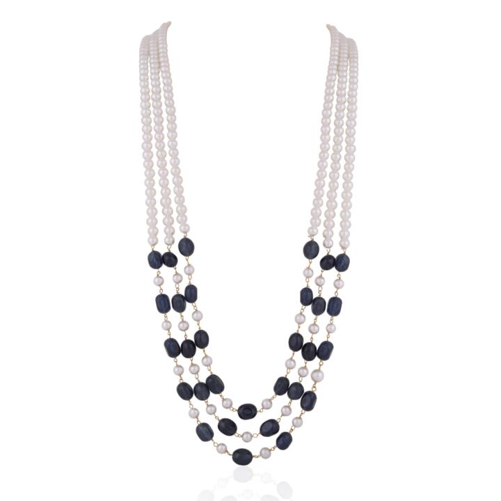 Blue and white 3 layered sapphire gemstone Beaded Maala for Men