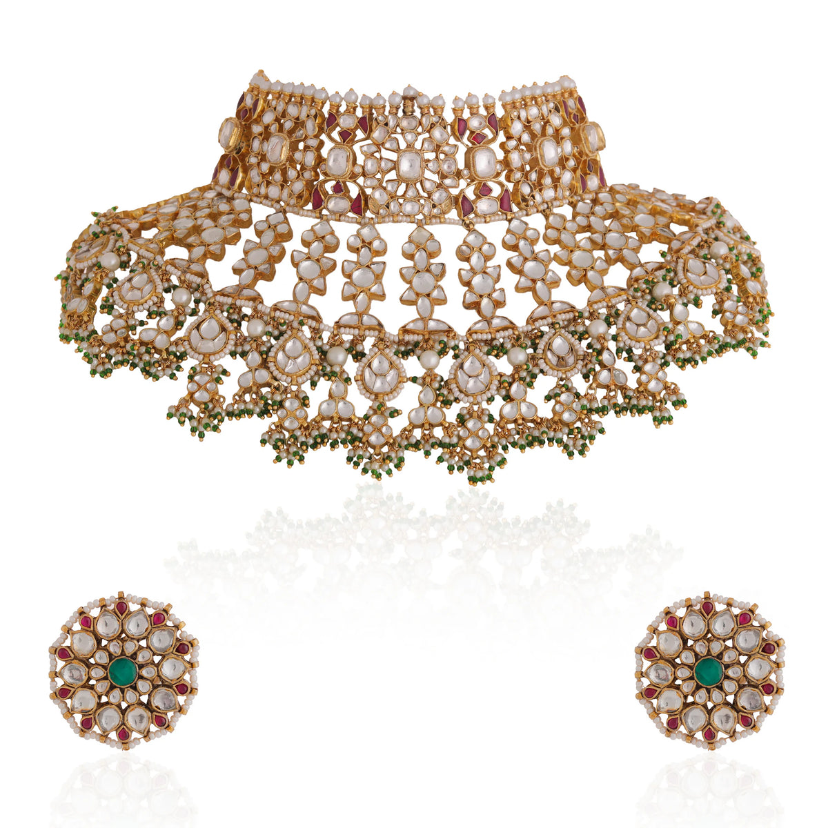 22 kt gold plated pink green heavy bridal necklace set  With studs