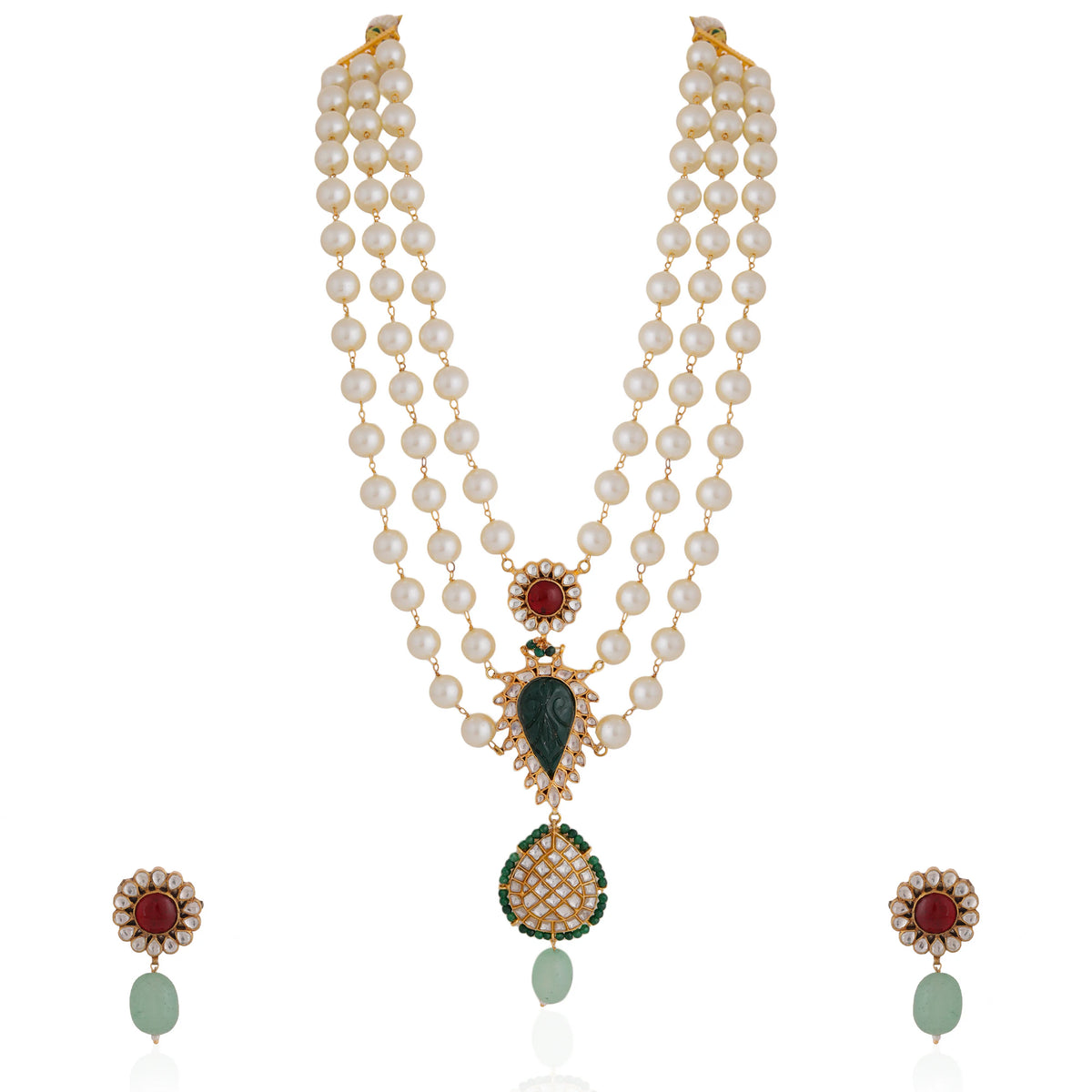 Gold plated white pearl necklace set with pink studs