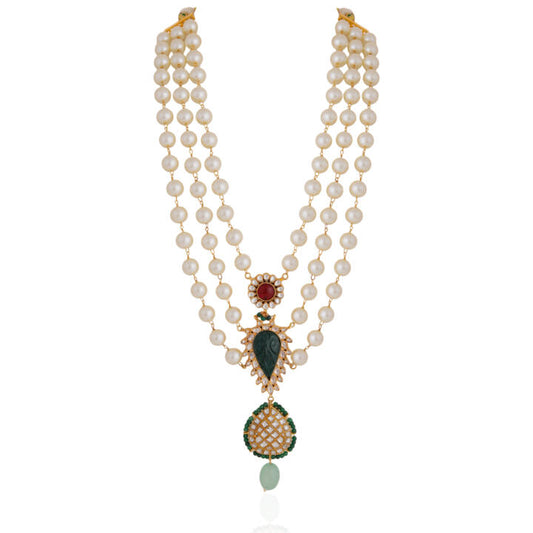 Royal pearl necklace maala with handcrafted emerald green motive