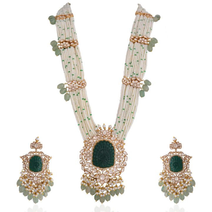 Green Peacock Embelished jadau Long Necklace set with handcrafted emerald stone work