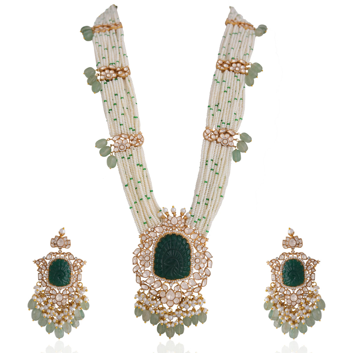 traditional jadau maala with uniquely carved emerald stone in mozanite stones and pearl strings
