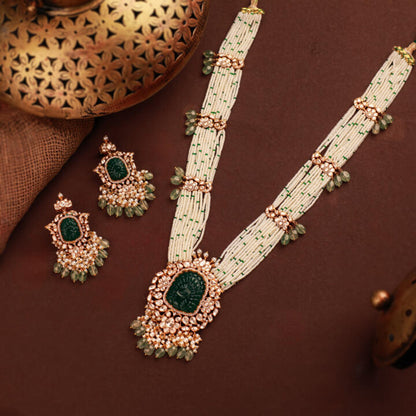 Green Peacock Embelished jadau Long Necklace set with handcrafted emerald stone work