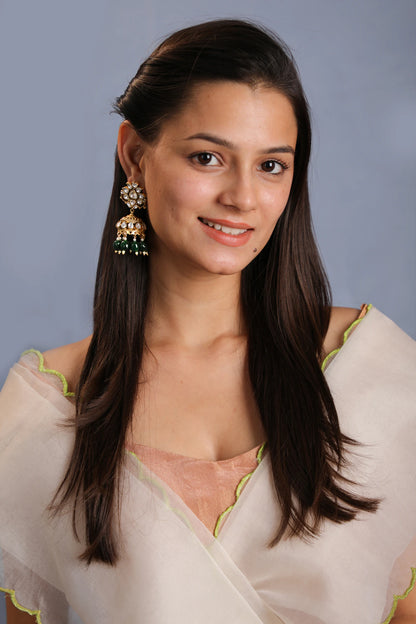 Long floral necklace with pendant design and emerald jhumkis in traditional style