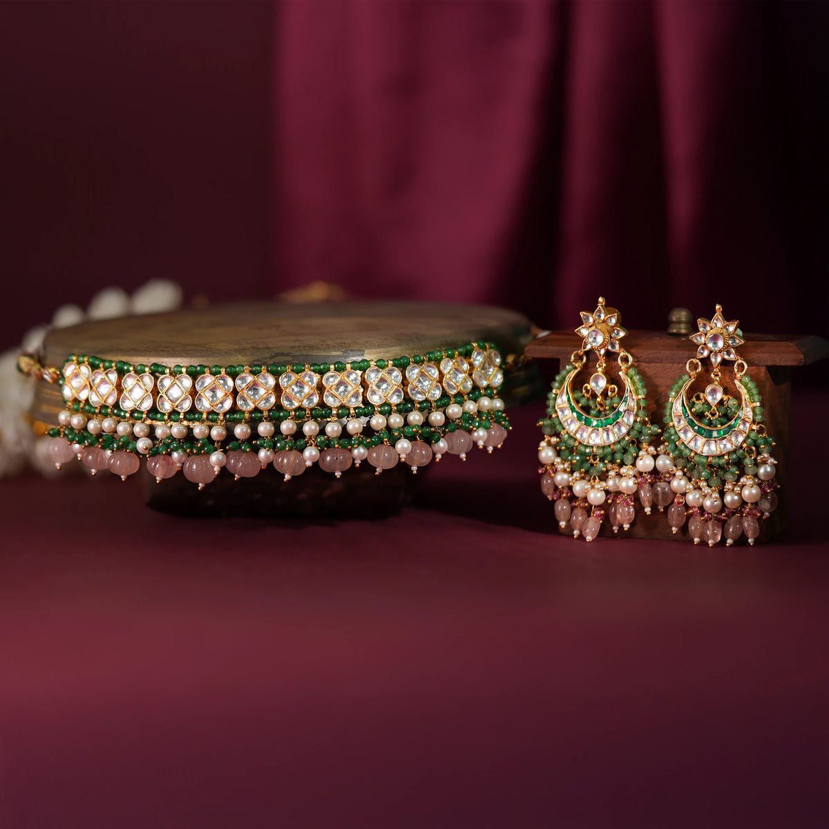 Riana  light green and pink gold plated choker set for women