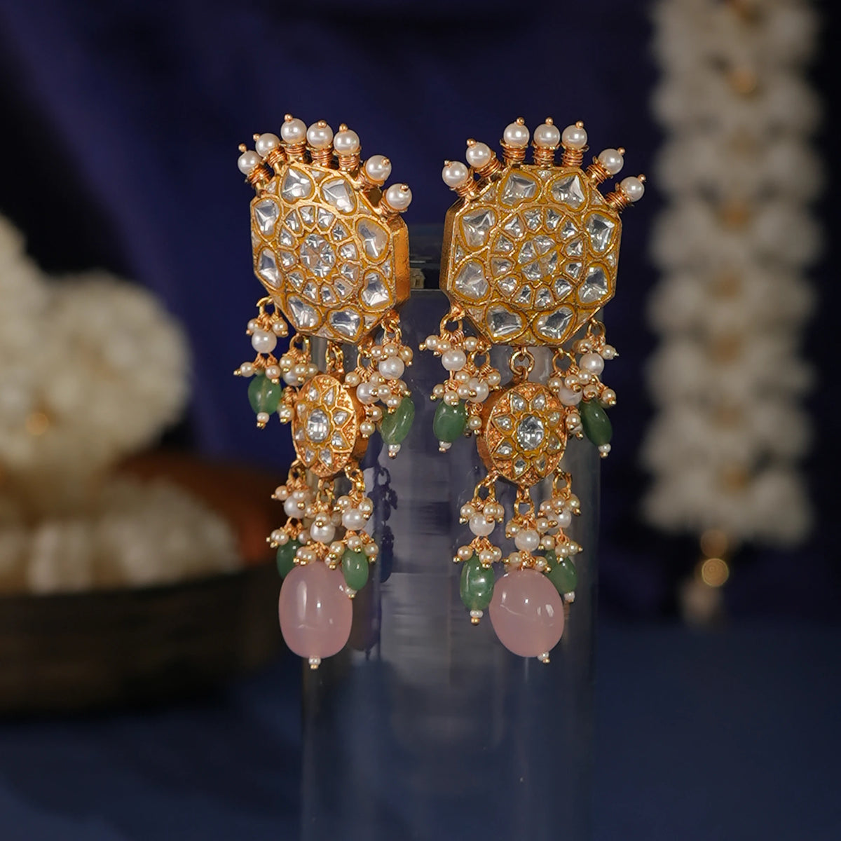 indian traditional wear light pink and sea green beaded jadtar Necklace set