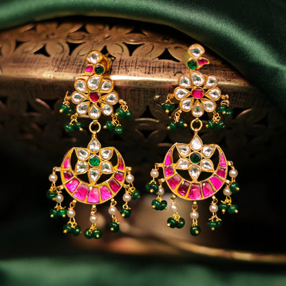 Elegant & stunning gold plated pink and green long necklace set