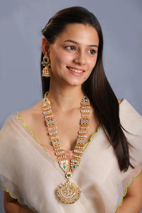 Green hangings with  white jadtar stone women's wear long necklace set