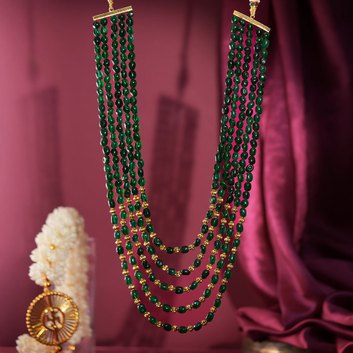 green long maala with golden beaded for women