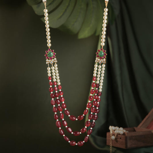 Red ruby beads and whiite pearl floral long maala
