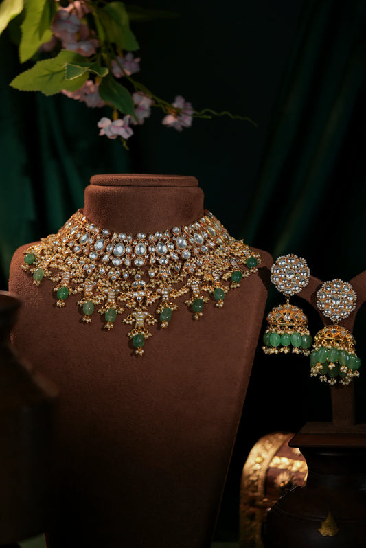 Jade stone Bridal necklace with jhumki earrings
